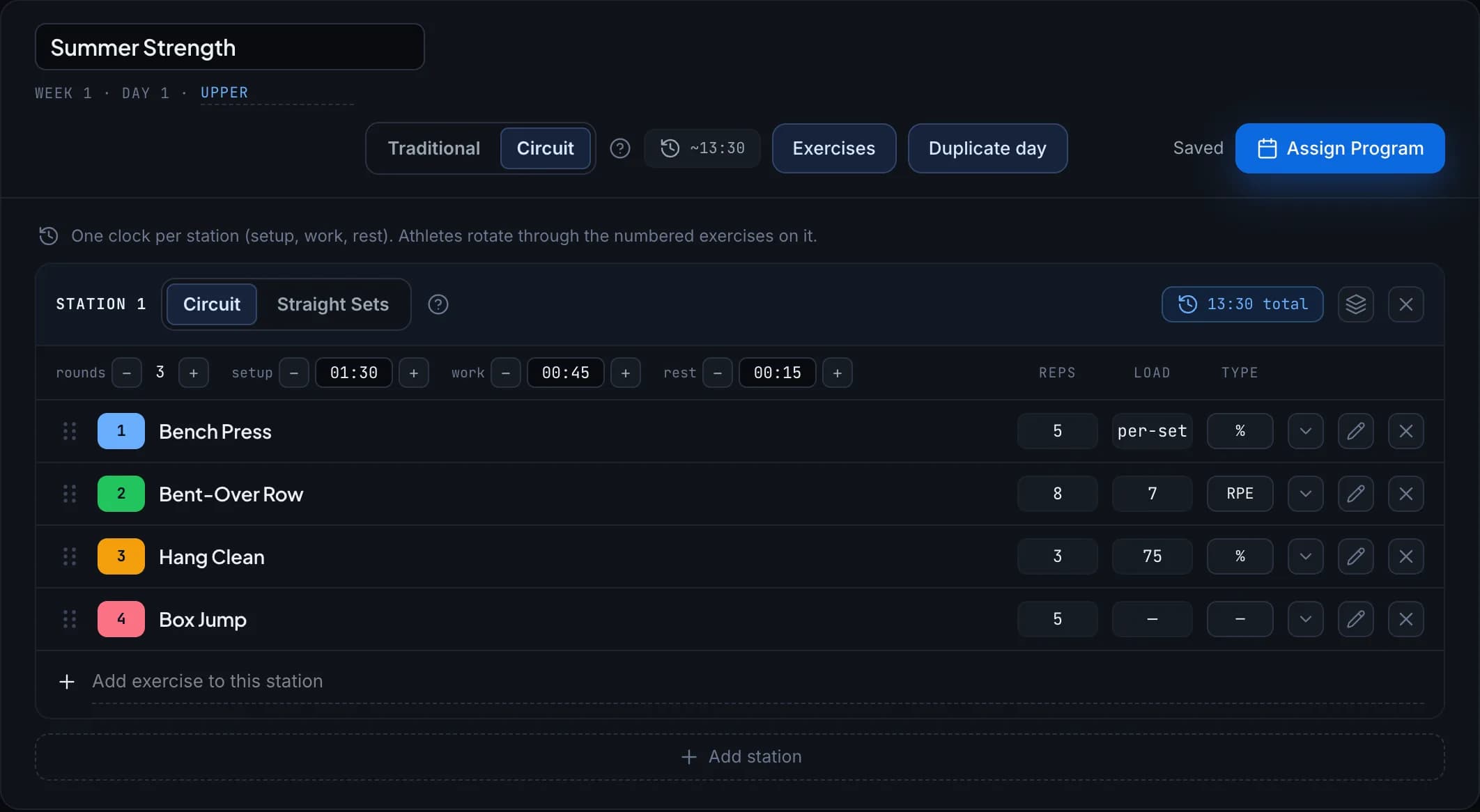 The program builder after switching the program to Circuit: the day is now station cards.