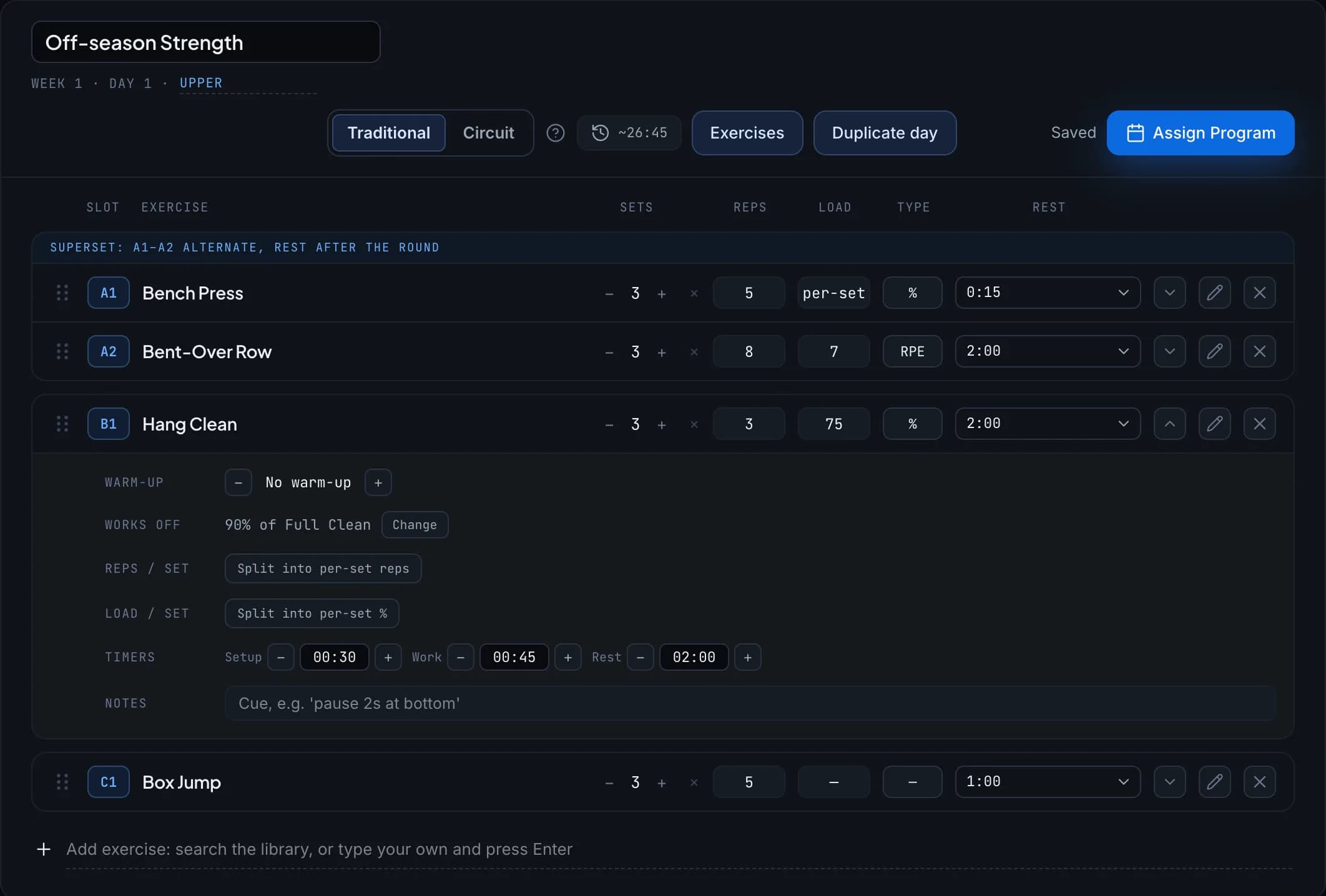 The Statellite program builder: two lifts linked as a superset, with a percentage for each set.
