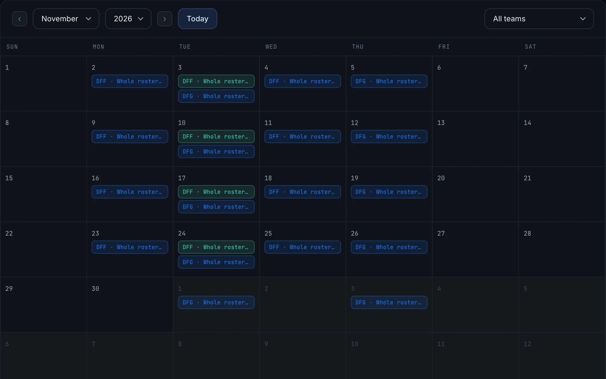The Statellite training calendar: two teams' sessions on one month.